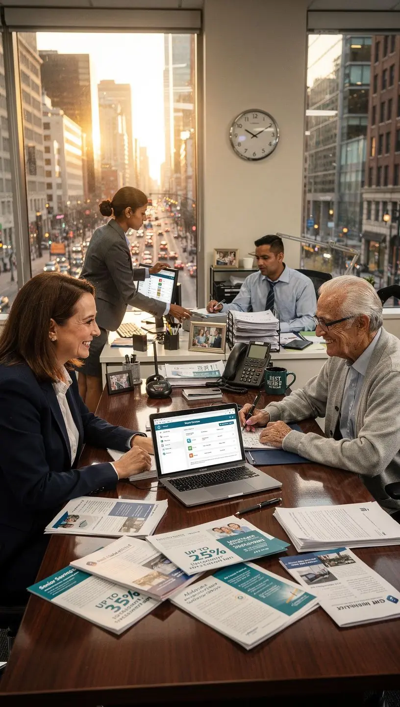 Grupa różnych kierowców rozmawiających o ubezpieczeniach w parku.